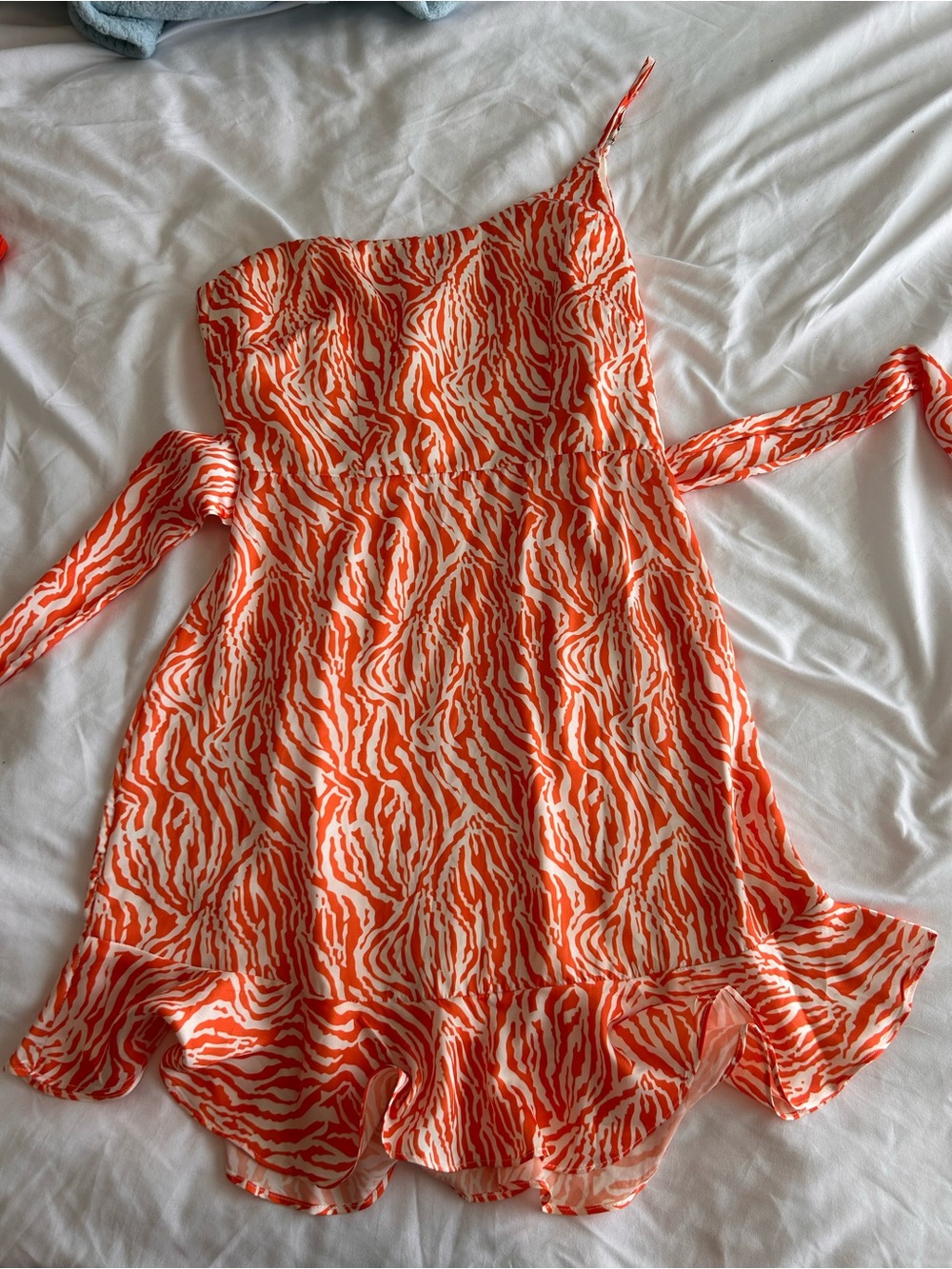 Selfie Leslie One-Shoulder Orange and White Zebra-Print Mini Dress